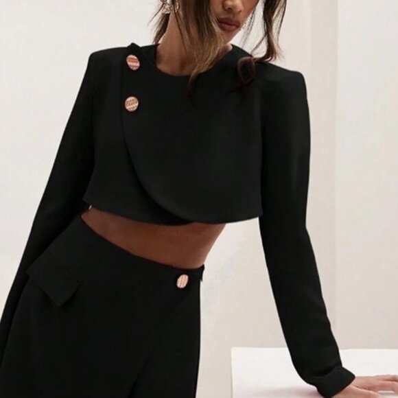 Shein gold button cropped blazer black women's size L - Picture 1 of 10